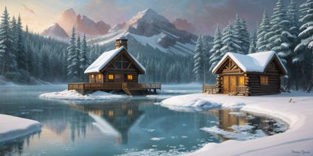 A frozen tundra with a cabin on a lake, romantic impressionism, dream scenery art, beautiful oil matte painting, romantic, beautiful digital painting, anime landscape, romantic painting, dreamlike digital painting, colorful painting, thick brushstrokes characteristic, rough stroke,  beautiful gorgeous digital art, style Karol Bok, Brian Froud, Wendy Froud, Guy Davis, Sergio Sandoval