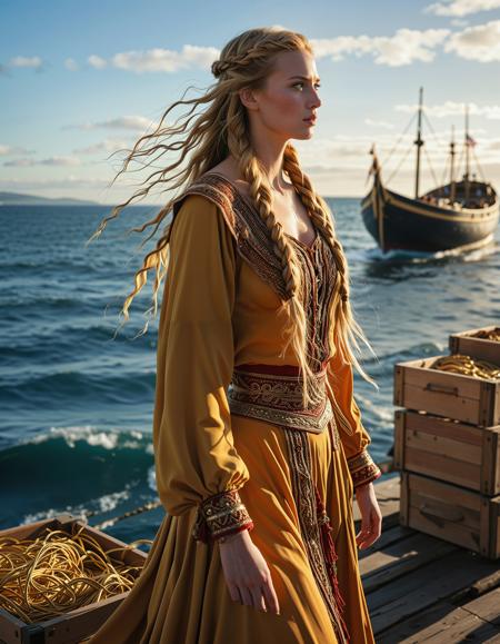 freyja, auburn hair, braided hair, magic, forest, mythic beauty, <lora:NBN-Freyja_NordicByNature:0.8>, ,Baltic Viking Merchant, A strong and independent nbn-freyja, dressed in rich furs and embroidered tunics, negotiating trade with Baltic merchants. She is standing at a bustling harbor, surrounded by longships and crates of precious goods, with the cold sea wind whipping through her blonde braids.,high quality, film grain, Fujifilm XT3, 8k uhd, dslr, film grain, kodak tri-x 400 film, grain photo DOF, faint lighting, dynamic angle, cinematic, Depth of field, bokeh, best quality, cinematic, light particles, highly_detailed, very_aesthetic, golden hour, beautiful_and_aesthetic clear focus, high resolution image, ,Sexy pose, erotic pose, exhibitionism, ,retro arcade on an asteroid
