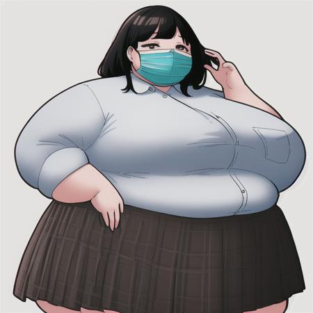 best quality, highest quality, masterpiece, 1girl, fat, black_hair, breasts, covered_mouth, long_hair, mask, mouth_mask, plaid, school_uniform, shirt, simple_background, skirt, solo, surgical_mask, white_background