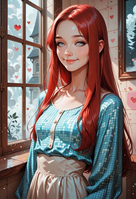 masterpiece, best quality, 32k, high resolution, absurdres, HD32k, 1girl solo, Joana free, Joana, long straight hair, light blue eyes, slim, red hair, small breasts, shy smile, peaceful,composed, depicted, pop_art, halftone_patterns, parted bangs, matt_skin, squares, splash_art, splattered_frame_border, dreamy_look, curious, joy, solo, serene expression, squares, fog, window, dreamlike, front_particles, fairytale_landscape hrtdrp, Hearts Drips,