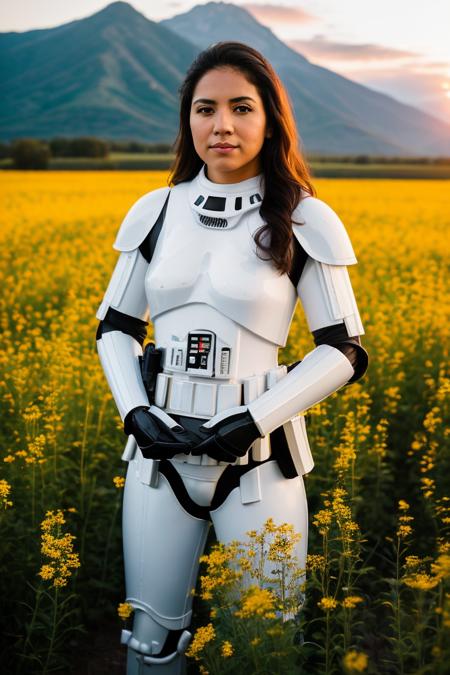 RAW photo, (closeup:1.2), portrait photo of 32 y.o mexican woman, stormtrooper armor, field of flowers, standing, natural skin, sunset, mountains, clouds, 8k uhd, high quality, film grain, Fujifilm XT3