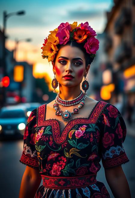 vibrant fashion model, (Frida Kahlo inspired:1.5), colorful flowers in hair, traditional Mexican attire, sunset background, walking on a city street, (intricate embroidery:1.4), bold and expressive makeup, dramatic lighting, vibrant colors, artistic floral patterns, (ethereal glow:1.3), ornate jewelry, cinematic, cultural heritage, deep emotional expression, dynamic pose, (handcrafted textiles:1.3), (8k ultra-detailed)