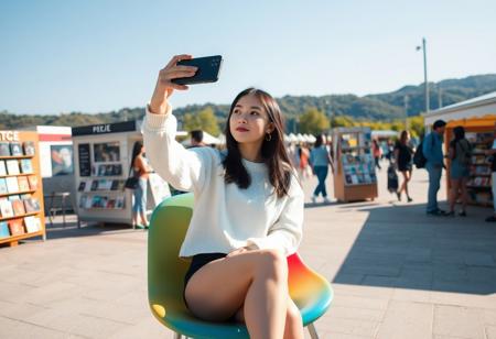 masterpiece, 8k, perfect ligthing, score_9, score_8_up, score_7_up, score_6_up, score_5_up, score_4_up, A young woman is sitting outdoors on a colorful modern chair in a sunny public space. She is wearing a white long-sleeve sweater and black shorts, holding her phone up to take a picture or video. In the background, there are several book displays, information booths, and other people casually strolling. The sky is clear and blue, with some greenery and hills visible in the distance. The setting gives off a lively and relaxed vibe, with a focus on reading and leisure activities. Super see through clothes, extreme shimmering underwears, natural hand, erect nipples
