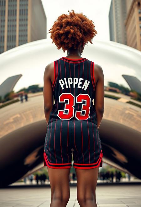 An ultra realistic mahogany skinned voluptuous woman with amber afro updoo, huge hanging breasts, wide hips, thick thighs, a slim waist and a (fat ass). She's wearing nothing but a black Chicago Bulls jersey with red pinstripes and a pair of low cut black shorts, she has her back to the camera, the woman stands in front of Cloud Gate in Chicago. the name on her jersey reads "PIPPEN" and the number beneath it is "33".