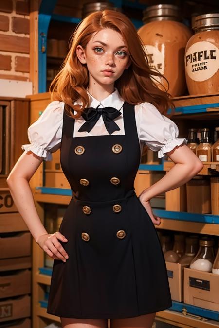 masterpiece, best quality, <lora:age_slider_v20:1>  <lora:detail_slider_v4:2> 1girl, 0v3ralldr3ss, shirt, dress, bow, short sleeves, puffy sleeves, black dress, puffy short sleeves, buttons, double-breasted, pinafore dress,<lora:0v3ralldr3ss:0.7> <lora:Fr3ckles:0.8> Fr3ckles, freckles, long hair, ginger hair, solo, standing,