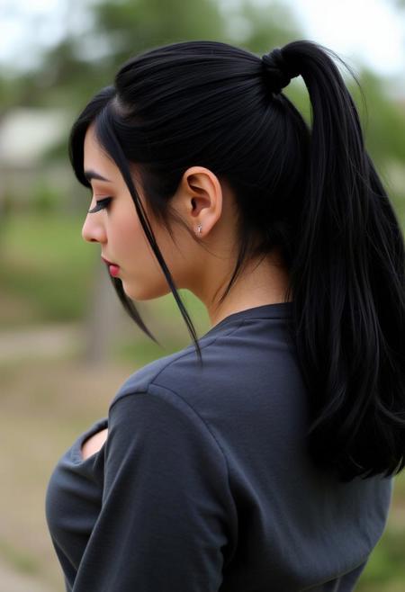 black hair, small breasts, bent over, outdoors, shirt, closed eyes, nail polish, ponytail
all fours, blurry,makeup,piercing,teeth,looking back,mole on ass, back,open mouth,