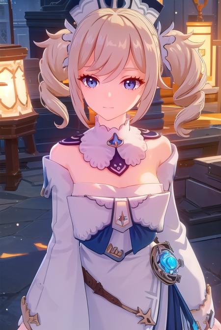 barbara, long hair, bangs, blue eyes, blonde hair, hair between eyes, twintails, sidelocks, drill hair, light brown hair, twin drills, long sleeves, hat, dress, bow, detached sleeves, white dress, detached collar, vision \(genshin impact\),