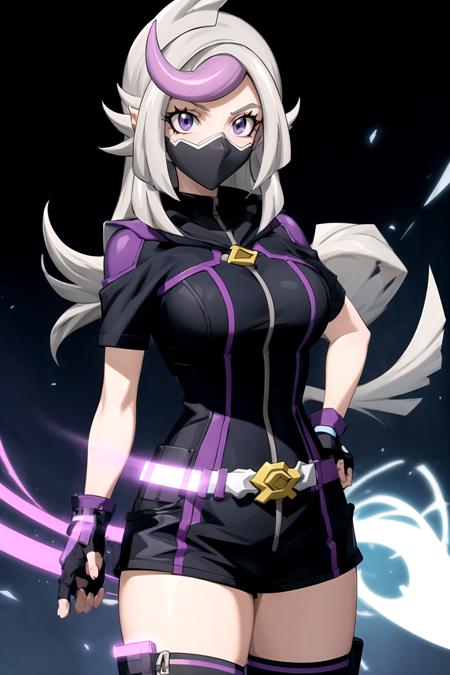 masterpiece,  best quality,  best aesthetic,  anime,  ultra detailed,  cyberspace,  city,  blue background,  neon lights,  1girl,  (ghost_girl:1.2),  (gray hair,  purple hair:1.2),  gray eyes,  low-tied long hair,  (large breasts:1.2),  (wide hips:1.2),  (purple bodysuit:1.2),  (mouth mask:1.2),  (short sleeves:1.2),  (black shorts,  short shorts:1.2),  (purple thighhighs:1.2),  (purple gloves,  fingerless gloves:1.2),  (standing,  cowboy_shot:1.2),  arms_at_sides, <lora:EMS-179-EMS:0.300000>, , <lora:EMS-81977-EMS:0.800000>