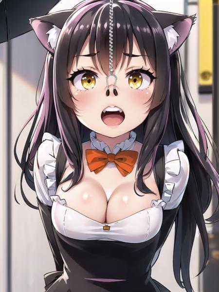 (best quality, Ultradetailed:1.2),twenty ager,(1 girl:1.2), (tongue out:0.3) (looking at viewer:1.2) <lora:nosehookv6:0.8>(upper body:1.3)(standing)(face focus,)(head,bust ,slim belly,waist,hip)(black cat costume:1.2)cleavage,yellow eyes,pink hair,(side view:1.2),(red bow tie)(cafe shop:1.2)(cat ear:1.3)(angry:0.7)(side glance:1.3)(upper teeth)(gum)close teeth,oprn mouth