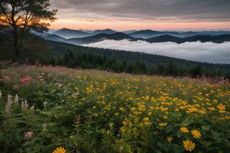 raw photo, a sunset landscape, Carpathian mountains valley temperate forests, Poland forest,  cozy, photorealistic, high detailed texture, 8k uhd, dslr, soft lighting, high quality, film grain, Fujifilm XT3, Sony A7 IV, highly detailed photography, (muted colors, cinematic, dim colors, soothing tones:1.2), vibrant, insanely detailed, hyperdetailed, (dark shot:1.2), (vsco:0.3), (intricate details:0.9), (hdr, hyperdetailed:1.2) (highest coherency: 1.39) (highest quality: 1.39) (rule of Thirds) (award winning) (breathtaking) (masterclass) (vibrant color: 0.79) (foggy: 1.09) (distant hillside) (spring flowers) (sharp focus forground) (detailed flower: 1.39)