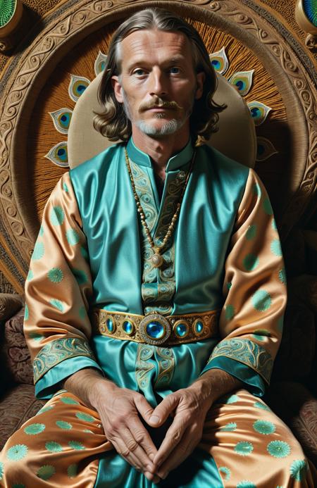 fair documentary medium portrait of maximalist detailed creative Swedish man as a psychedelic meditation, gown, hands in lap, skin texture, (pores:0.8), (freckles:0.8), natural beauty, expressive eyes tell a story