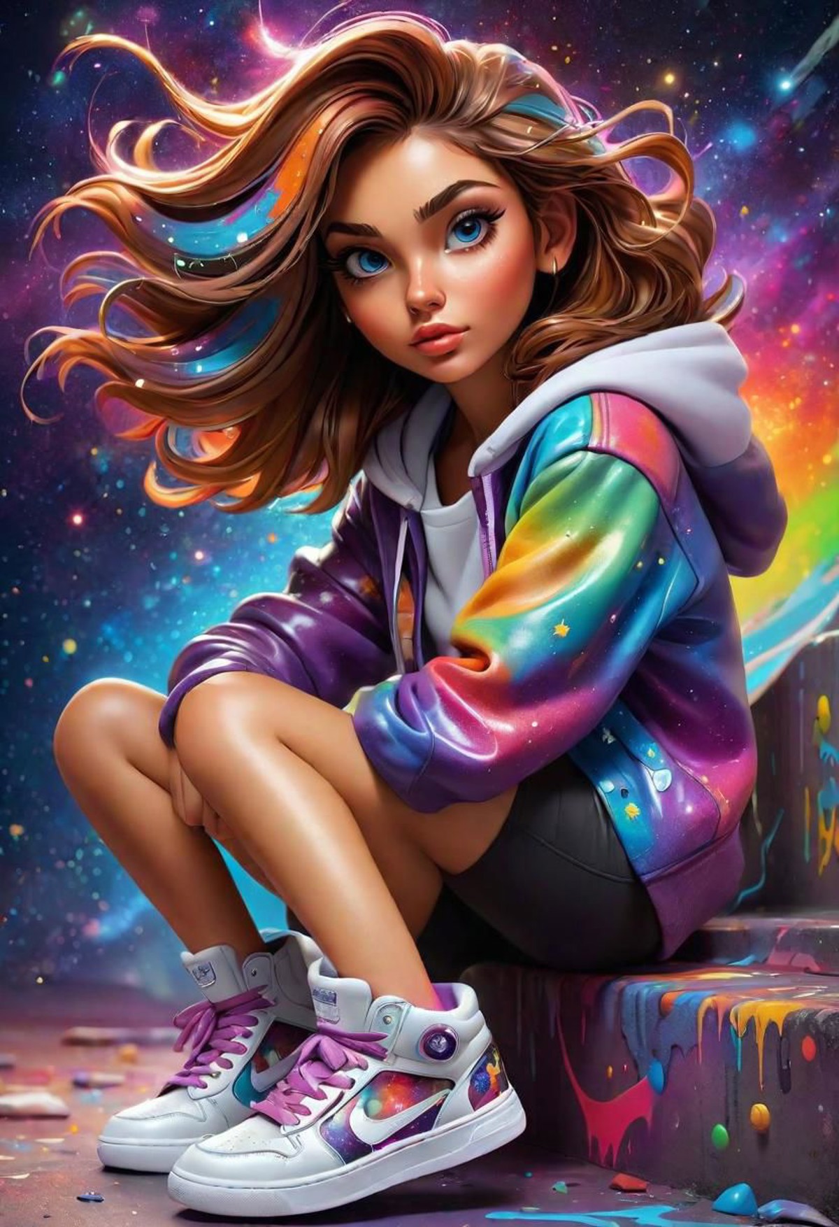 girl, galaxy, sparkling, colorful, magical leather sneakers, style, attractive, cute face , studio quality, perfect eyes, ...