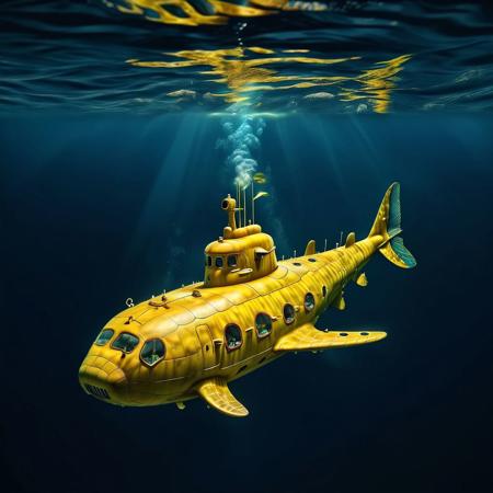 Ultra realistic full body color pencil drawn portrait of  
a psychedelic yellow submarine, underwater,
BREAK
Deep dark intense midnight blue  background.
Dark theme, dynamic lighting, (soft shadows), (soft focus),  (photo realistic), uhd, 8k