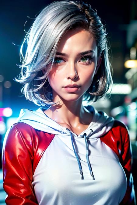 <lyco:tiza001:0.7>, tiza, girl, slender, <lyco:eyedirectionV1.8:0.3>, eyedirection, (sharp green eyes, short silver hair:1.5), (hands on waist, red hoodie, blue jeans, white sneakers:1.4), (cyberpunk, neon lights, city street, night:1.3), (solo, from chest:1.2), (best quality, high quality:1.1), ultra realistic 8k cg, cinematic lighting, cinematic bloom, <lora:fix_good_hands:1>,  good_hyperstylize