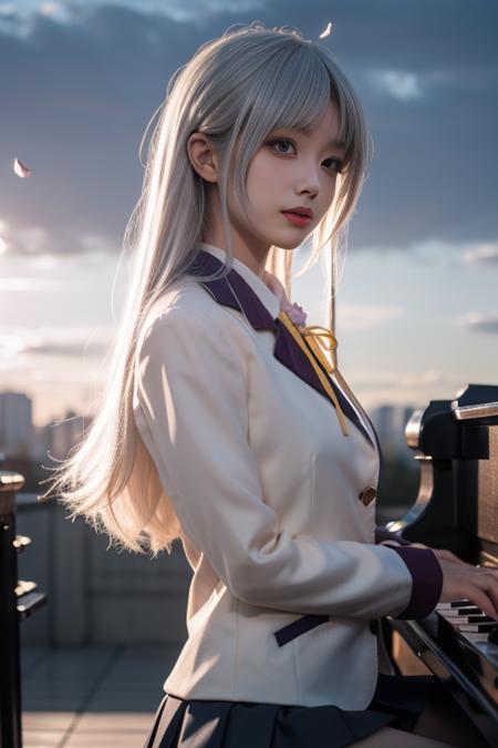 tachibana kanade, 1girl, solo, cosplay,  school uniform, jacket,blazer, long sleeves,neck ribbon,gem,necklace, pleated skirt, kneehighs, loafers,  yellow eyes,white hair, long hair,bangs, hair pulled back, 