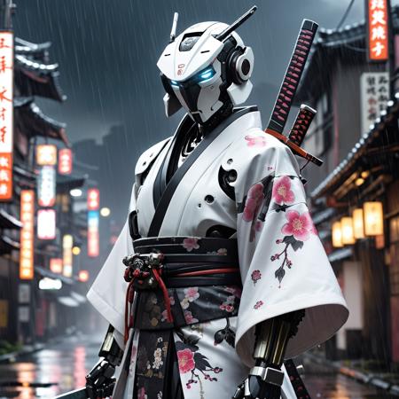<lora:add-detail-xl:1>,  A advanced robot, wearing a traditional white and black flowered kimono, katana attached to belt, heavy rain in close forced perspective, blurred cyberpunk city in distance.