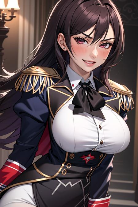 ((Masterpiece, best quality)),edgQuality,smirk,smug,dark hair
edgElegant, 1girl, solo, long hair, breasts, looking at viewer, blush, open mouth, epaulettes,wearing edgElegant
 <lora:edgElegant:1>