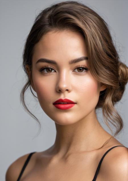 (Close-up photo:1.5) of woman's face, (from front:1.5),  camera is positioned at just the right angle to emphasize the captivating gaze and the intensity of her expression, focusing primarily on her eyes, mouth, and lips, 29 years old, woman, American, almond-shaped eyes displaying a mix of mystery and intrigue, eyebrows are well-groomed, accentuating her expressive eyes,mesmerizing shade of brown, flecked with gold hues <lora:DetailedEyes_V3:0>, nose is slightly aquiline,full luscious lips are the focal point of her face, bold red lipstick, subtle prominent cheekbones,heart-like face shape,delicate jawline, smooth complexion, flawless and radiant skin, even skin tone, realistic skin details, luscious hair with glossy locks, strands are styled in loose, tousled curls, hair texture is voluminous yet lightweight, detailed face, detailed feet, detailed skin,expression hints at a sense of playfulness and a secret desire, sense of intimacy, (hyperrealism, soft light, sharp), Cannon EOS 5D Mark III,85mm lens,  f/1.4, clean backdrop, film grain, smooth, sharp focus, high resolution, award winning photo, masterpiece, intricate detail, octane render, cinematic shot, realistic lighting, sharp focus, rule of thirds, cinematic lighting, soft sunlight, detailed shadows, realistic shadows, <lora:LowRA:0.4>,  <lora:add_detail:0.5>