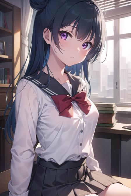 yoshikotsushima, <lyco:yoshikotsushima-lyco-nochekaiser:1>, 
yoshiko tsushima, blue hair, hair bun, (purple eyes:1.1), single side bun, bangs, long hair, (small breast:1.2),
BREAK bow, bowtie, buttons, grey skirt, long sleeves, pleated skirt, school uniform, serafuku, skirt, uranohoshi school uniform, yellow bow, yellow bowtie, sleeveless,
BREAK looking at viewer, 
BREAK indoors, classroom,
BREAK <lyco:GoodHands-beta2:1>, (masterpiece:1.2), best quality, high resolution, unity 8k wallpaper, (illustration:0.8), (beautiful detailed eyes:1.6), extremely detailed face, perfect lighting, extremely detailed CG, (perfect hands, perfect anatomy),