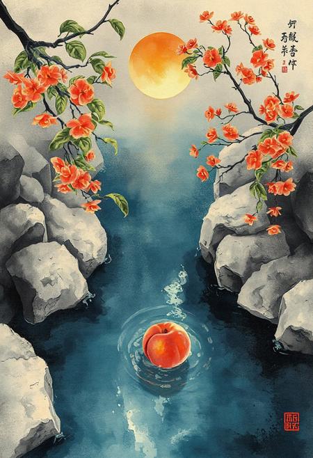 The peach flows backwards down a great river and floats on its surface.
Japanese art style, Japanese ink painting, 
best quality, sharp focus, high contrast, colorful, ultra quality, 8k, best quality,