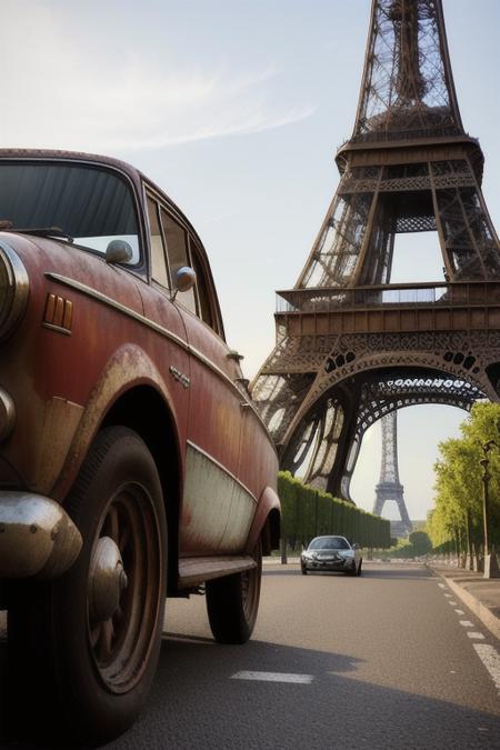 a  photograph,   a car on the road leading to the eiffel ,  sharp focus, by  style-abandoned2