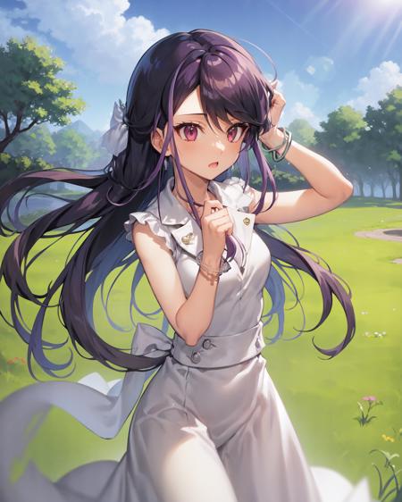 1girl, ruri, purple hair, bracelet, long hair, 
outdoors, park, grass, 
blue sky, sun, sun rays, 

<lora:Ruri v2 e6:0.75>