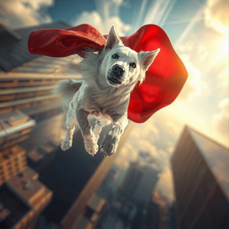 (bokeh_swirl) A hyper-realistic digital painting of Krypto the Superdog, depicted as a majestic white canine flying through the sky. Viewed from a dramatic worm’s-eye angle, his red cape flaps heroically in the wind. His muscular form and pristine white fur gleam in the sunlight as he soars with focused intensity. Towering skyscrapers loom in the background, emphasizing his altitude and scale. The sky is vibrant with streaks of clouds and golden sunlight breaking through, capturing the essence of a true airborne protector.
