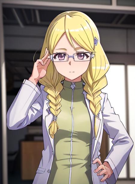 best quality, (masterpiece),(ultra-detailed), (high quality), (high resolution), <lora:tatsunoriasu:0.7> tatsuno riasu, blonde hair, glasses, long hair, hairclip, labcoat, purple eyes, braid