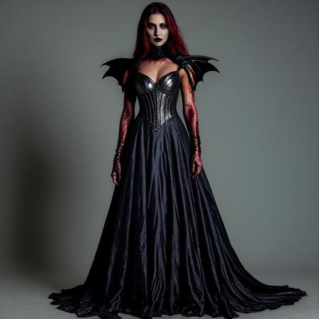 photographic, hyperrealistic, realism, 35mm film, dslr, UHD; dark gothic fantasy concept art of a shimmering black-and-silver dress; imposing, strong muscled athletic build, nocturnal, brooding, painterly realism; cinematic high-contrast lighting, shadow-drenched; muted monochrome palette with silver and blood red highlights; beautifully evil, gothic makeup (smudged charcoal eyes, matte black lips); slender athletic figure with narrow hips and long slim legs; large black Bat Wings; long flowing maxi gown in onyx and pewter threads with subtle metallic sheen; sharp focus, crisp details, strong depth of field; hauntingly beautiful, alluring yet ominous; high quality, 8K.
