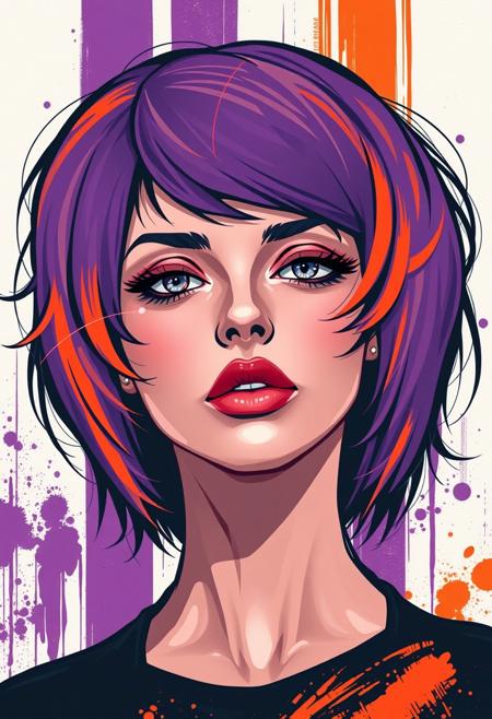 Semirealistic futuristic looking woman with purple and orange hair in the style of tom whalen, flat colors, purple orange and white broad strips paint in the background, outrun paint splotches