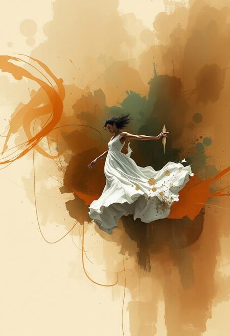 Natural earth tones complementary epic colors misty atmospheric rough dynamic digital sketch A white dress floats, mid-motion, suspended in time. Loose painterly strokes, fluid abstract storytelling, expressive ink drawing, vibrant color washes, surreal movement, flowing linework, layered textures, splattered paint. Poetic depth, painterly structured composition, organic calligraphic details, figures dissolving into color. Rich textures, atmospheric details, fantasy scene, dramatic lighting, unfinished concept art style.