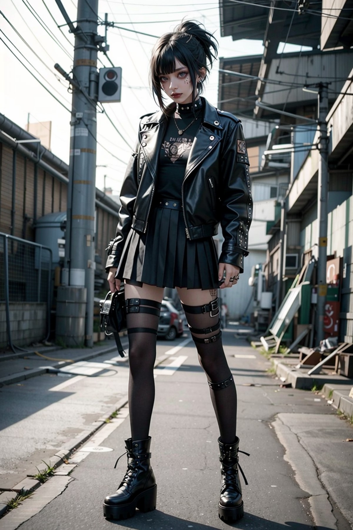 full body, looking at viewer, A goth punk girl in a rugged, industrial setting, wearing a studded leather jacket and tulle...