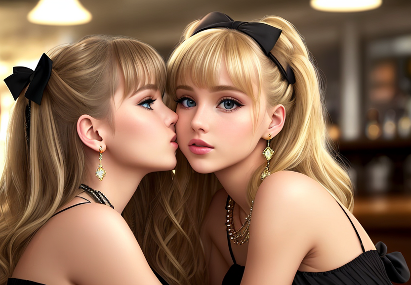 blonde + brown kissing at the bar,(photorealistic:1.4), best quality, beautiful lighting,cinema lights,film grain,jewelry,...