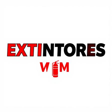 A professional logo for a fire safety company named 'Extintores WM'. The design should feature bold, strong lettering in red and black to symbolize fire protection and security. The background should be white for a clean and modern look. Include an icon of a fire extinguisher and subtle flames to emphasize fire prevention. The overall style should be sleek, trustworthy, and visually striking