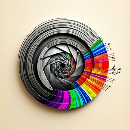 An abstract artistic spiral that transitions from undefined, dull lines in the upper left to vibrant, colorful, and defined lines in the bottom right. The spiral is filled with geometric shapes at its center, with the core featuring muted tones and the surrounding lines radiating a full spectrum of colors. Music notes are integrated into the vibrant sections, symbolizing harmony emerging from chaos. The background is neutral with subtle texture to emphasize the transformation and the interplay of color, geometry, and music.