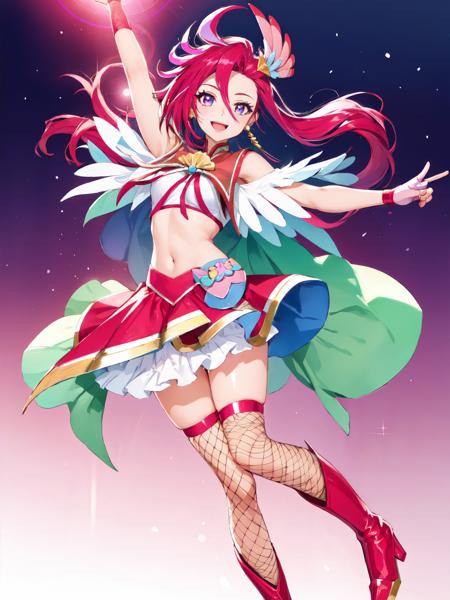 cure flamingo multicolored hair, hair ornament, fishnets, red boots, navel, fingerless gloves, single earring, porch