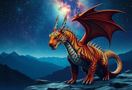 A tiger-striped dragon with sharp scales.  Two hons.  Dragon Wings.
Background mountains at night. Cosmic skyscape.  Synthwave colorscheme. Very realistic, photographic style.