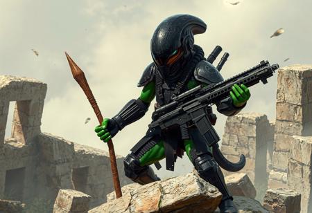 A battle-ready Alien Shocktrooper stands defiantly atop ancient ruins, its emerald-green form contrasting against weathered stone. Clad in a sleek black tactical helmet with advanced goggles, the warrior grips a primitive brown staff in its right hand while brandishing a futuristic black energy rifle in the left. The dynamic isometric composition showcases intricate details: glowing circuitry beneath armored plating, moisture beading on the helmet's visor, and particulate matter swirling in the air.