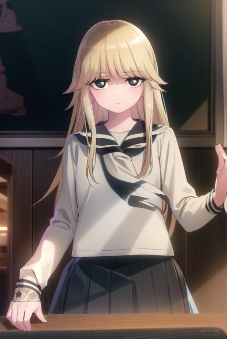 uramimagahara, <lora:urami magahara s1-lora-nochekaiser:1>,
urami magahara, long hair, blonde hair, (black eyes:1.5),
BREAK skirt, school uniform, serafuku,
BREAK indoors, classroom,
BREAK looking at viewer, (cowboy shot:1.5),
BREAK <lyco:GoodHands-beta2:1>, (masterpiece:1.2), best quality, high resolution, unity 8k wallpaper, (illustration:0.8), (beautiful detailed eyes:1.6), extremely detailed face, perfect lighting, extremely detailed CG, (perfect hands, perfect anatomy),