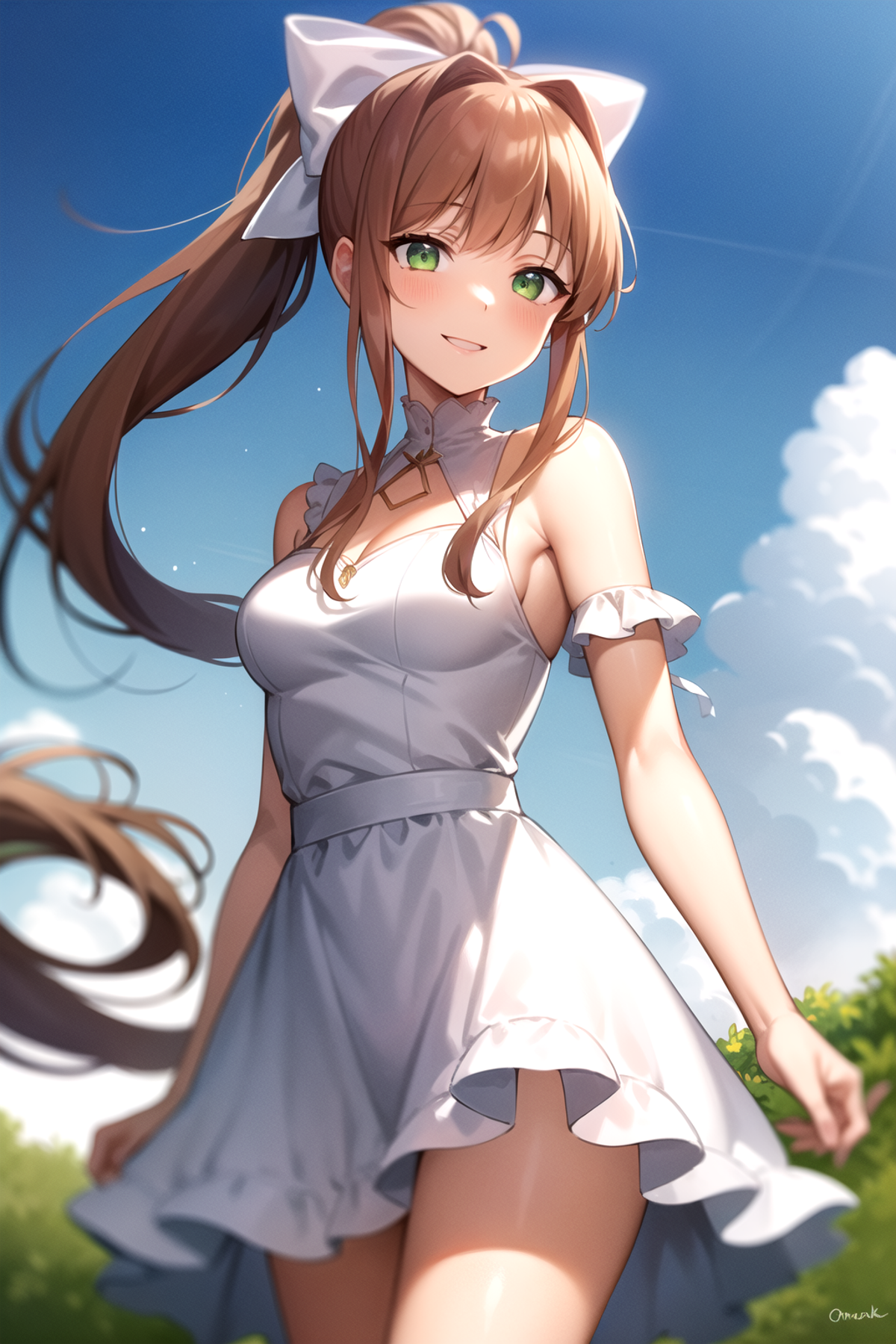 2d, masterpiece, best quality, anime, highly detailed, cowboy shot, 1girl, solo, monika, green eyes, brown hair, very long...