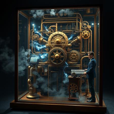 Inside of its glass case a fantastical steampunk quantum computer bends time and space. Beams of energy swirl and dance around the intricate clockwork gears and cog wheels. Steam issues from a bank of pipes along the top of the cabinet. A steampunk engineer, resplendent in his uniform, stands at a keyboard to one side. This striking image, envisioned as a high resolution digital image, showcases the machine's ornate design and cutting-edge functionality. Every detail is meticulously rendered, creating a visually stunning masterpiece that captivates the viewer with its intricate beauty and technological brilliance.