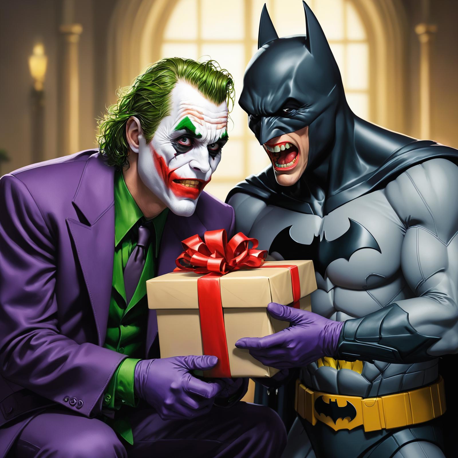 Batman and Joker holding a box.
