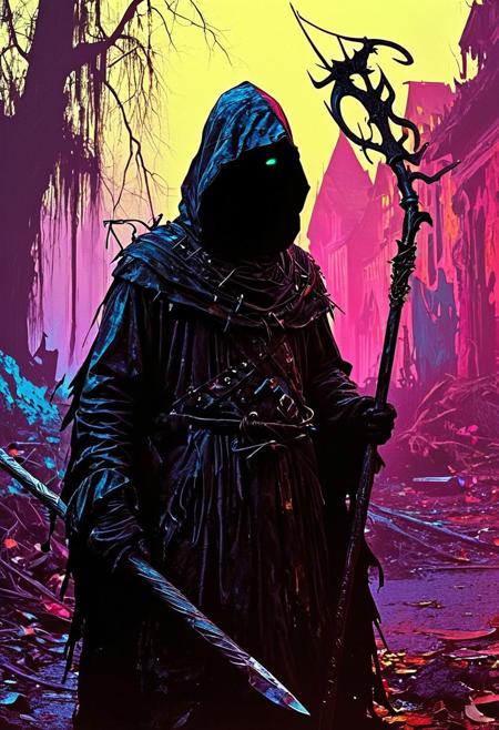 mysterious cloaked figure, face hidden beneath a deep hood, carrying a gnarled staff
silhouette ,
in the style of the decaying empire of Wrstreich, dark magic and grotesque creatures abound, inspired by Sean Aaberg's punk aesthetic, dark fantasy world combines grim landscapes with vibrant, exaggerated neon colorful art, old 80's VHS dark fantasy, VHS screen grab, grainy, old footage
