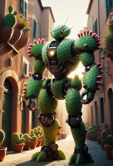 masterpiece,best quality,amazing quality,very aesthetic,high resolution,ultra-detailed,absurdres,newest,scenery,depth of field,scenery,volumetric lighting, beautiful, score_9, score_8_up, score_7_up, Robot, Prickly Pear Style,