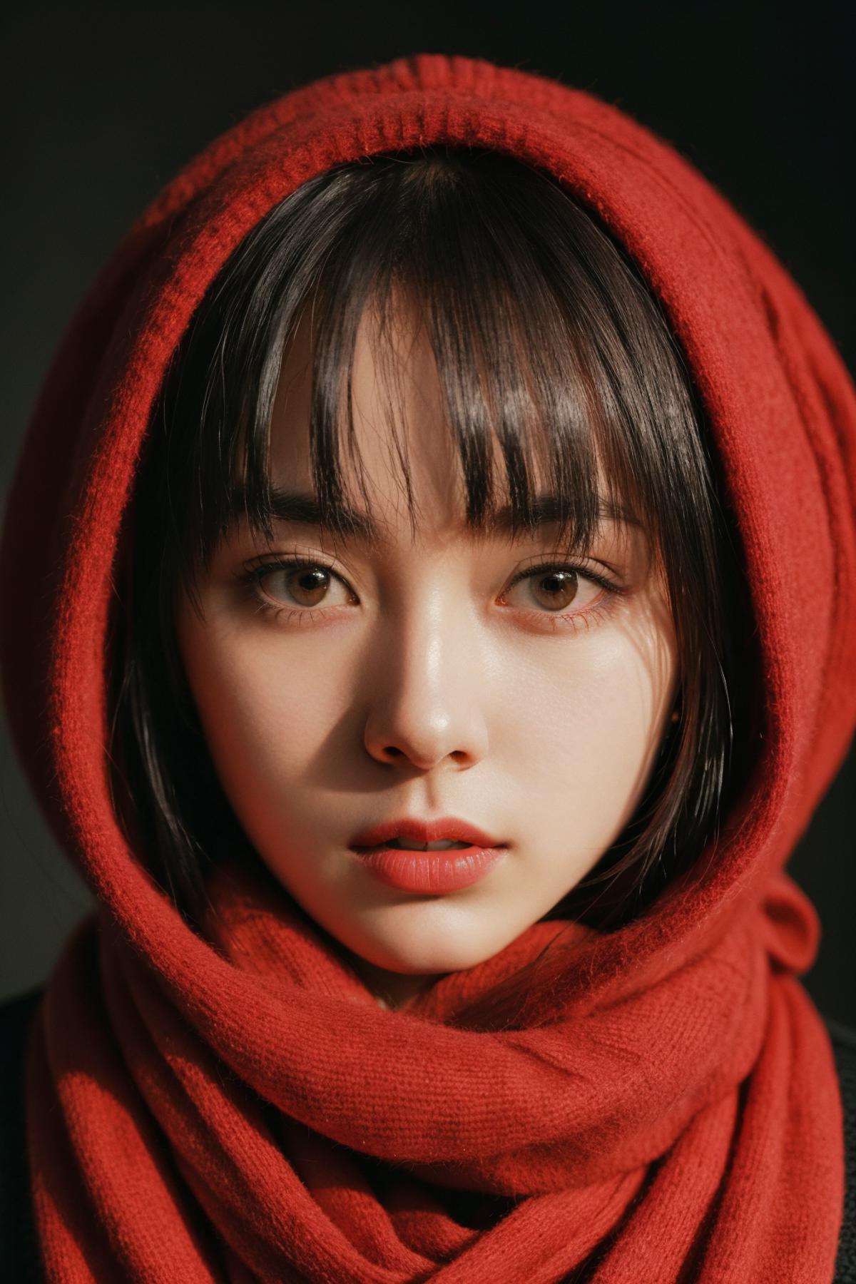 A young woman wearing a red scarf and a red hood with a close up of her face.
