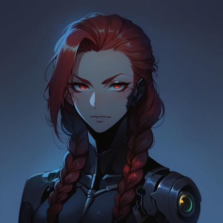 score_9, score_8_up, score_7_up, cyborg dominatrix, red hair, long, braided, cyberware, neo tokyo