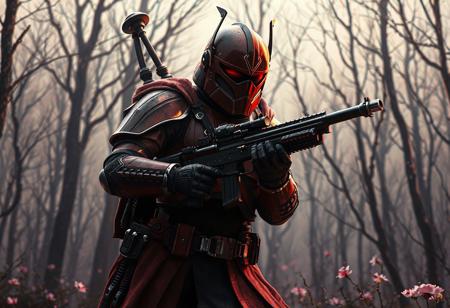 As an art expert specializing in concept art and Star Wars lore, please generate a detailed, high-resolution (8K) description of the image. The central focus should be a Star Wars-style action pose of The Phantom Knights of Cloven Helm, a bounty hunter in red and black armor with silver accents, holding a blaster rifle, standing against a stark Forest of Lost Flowers background. Include all specified artistic elements: exceptional quality, lifelike details, super detailed face and eyes, isometric perspective, dynamic action pose, cinematic lighting, and references to CGSociety, Artstation, and artists like Mark Brooks and Brad Kunkle. Ensure the description adheres to the Golden Ratio, uses harmonious multi-colored tones, and incorporates styles such as Raphael, Houdini, and Unreal Engine 5. Highlight the character’s readiness, the armor’s elegance, and the background’s atmosphere. Keep the output medium-length (200-300 words) with a structured focus on composition, lighting, and stylistic details.