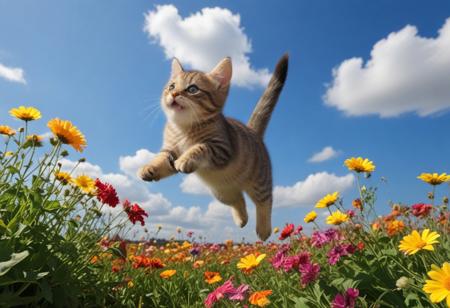 Highly detailed photograph of a tabby kitten leaping through the air above a field of colorful flowers. Side view. Floppy ears, floppy tongue, big eyes, very cute, very happy, joyful. Blue sky with fluffy clouds. Bright sun, (god rays).