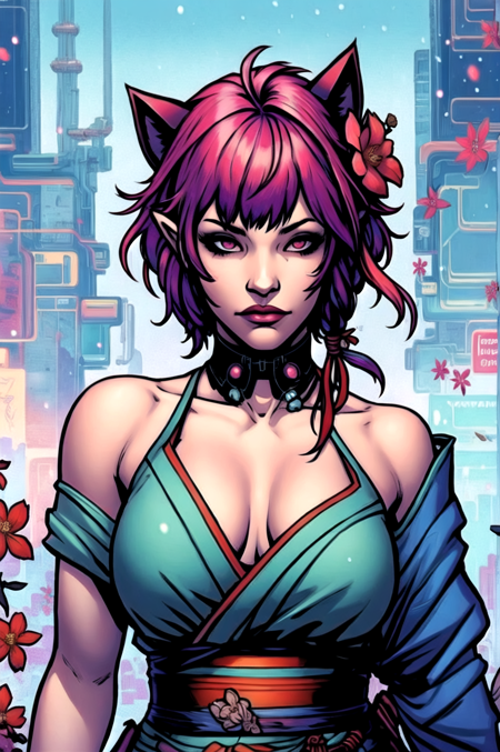 masterpiece, intricate detail,best quality, 1girl, solo, animal ears, weapon, sword, rainbow hair, multicolored hair, ((cyberpunk)), hair ornament, flower, snow, hair flower, katana, breasts, bare shoulders, japanese clothes, snowing, bangs, upper body, animal ear fluff, off shoulder, closed mouth, kimono, branch, extra ears, cleavage, detached collar, makeup, medium hair, sheath, red flower, lips, depth of field, city background, ribbon, medium breasts, sheathed, short hair, winter, purple eyes, cat ears beautiful, sexy,