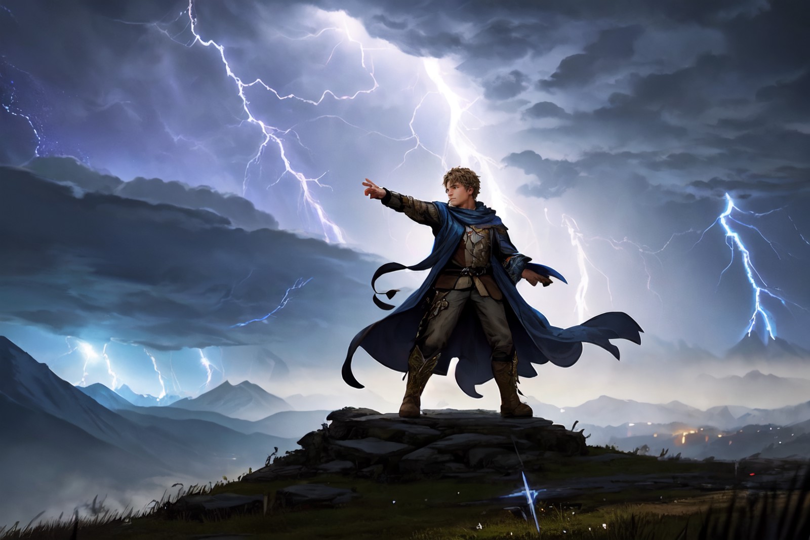 Epic combat pose, Furious battle damaged 25yo male dg_ShawnPyfrom mage in tattered wizard cloak, (gesturing with his finge...
